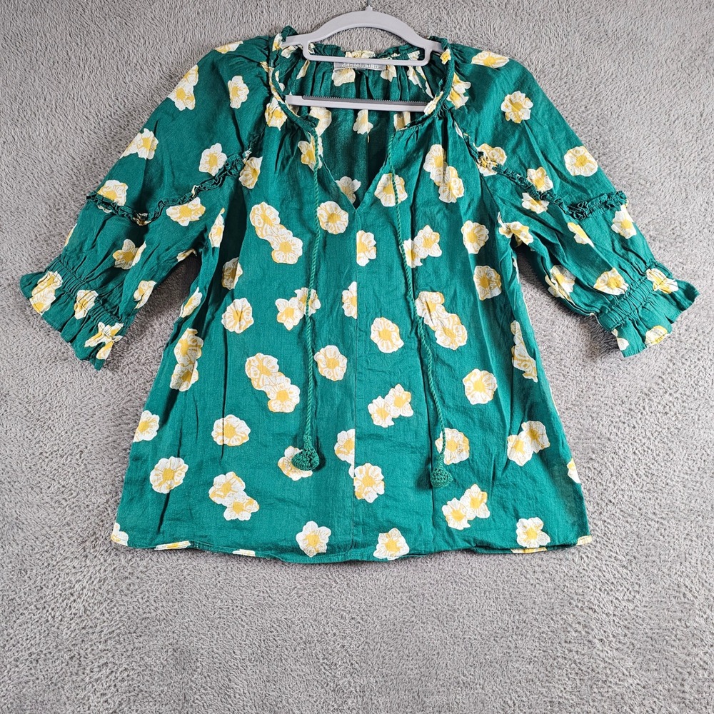 Daniel Rainn Green Floral Linen Blend Blouse Tassel Tie Ruffle Top XS Oversized